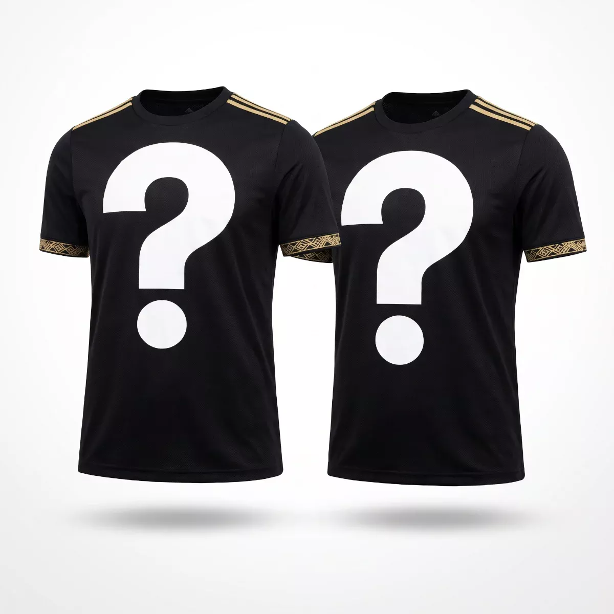 Two black mystery jerseys with gold trim, each printed with a large white question mark